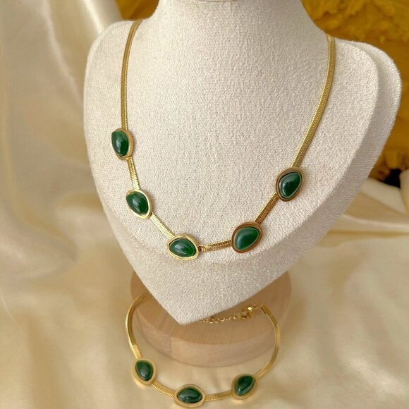 18K Gold Plated green Emerald Necklace SET Stainless Steel womens jewelry green - Picture 6 of 13
